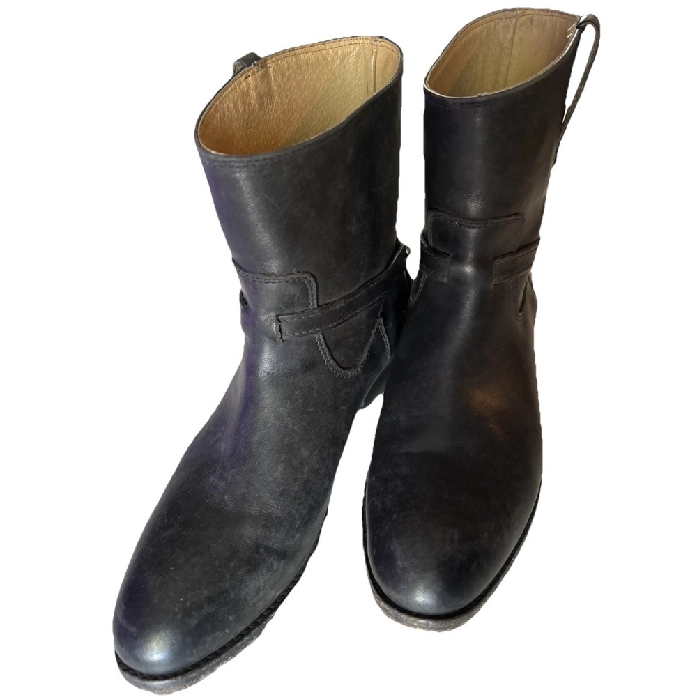 Frye Lindsay Plate Short Pull On Strap Boots US 7.5B Women's Black Leather Biker